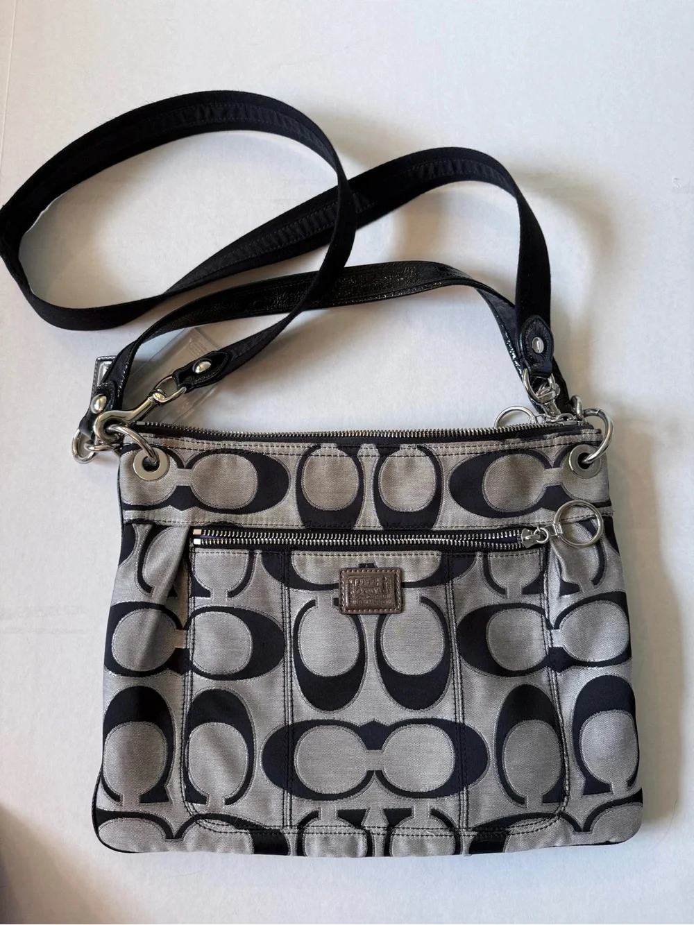 Coach Poppy Signature “C” Crossbody Bag with Black/Gray/Metallic Silver Details